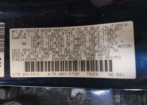 2008 Toyota Tacoma Base V6 from USA, damaged, VIN 3TMLU42N98M015977